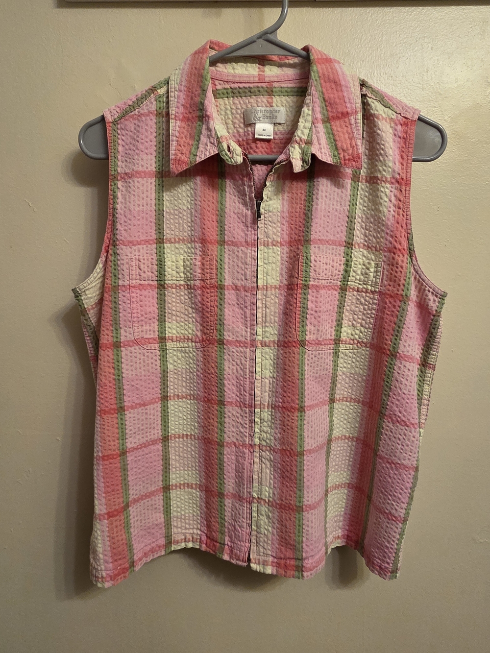 Christopher & Banks Pink Plaid Seersucker Sleeveless Zip Front Top Vest Size M